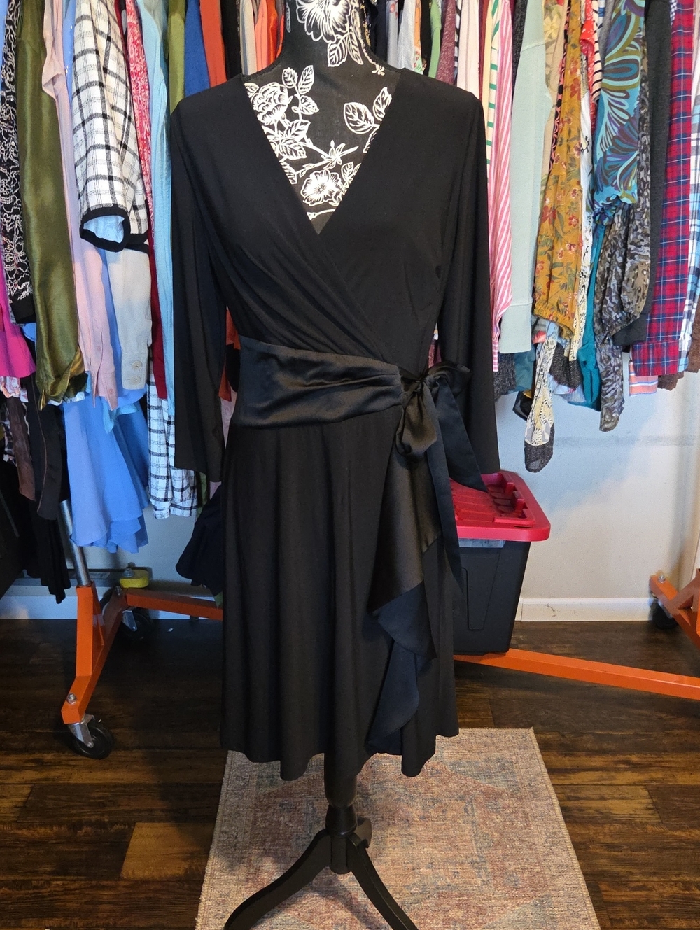 Ralph Lauren Black Long-Sleeve Wrap Dress with Satin Waist Tie